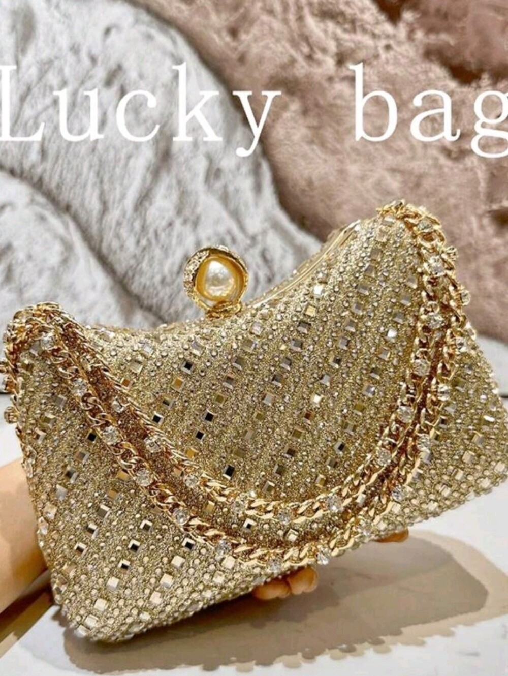 Gold Crystal Pearl-Clasp Evening Clutch - Unbranded